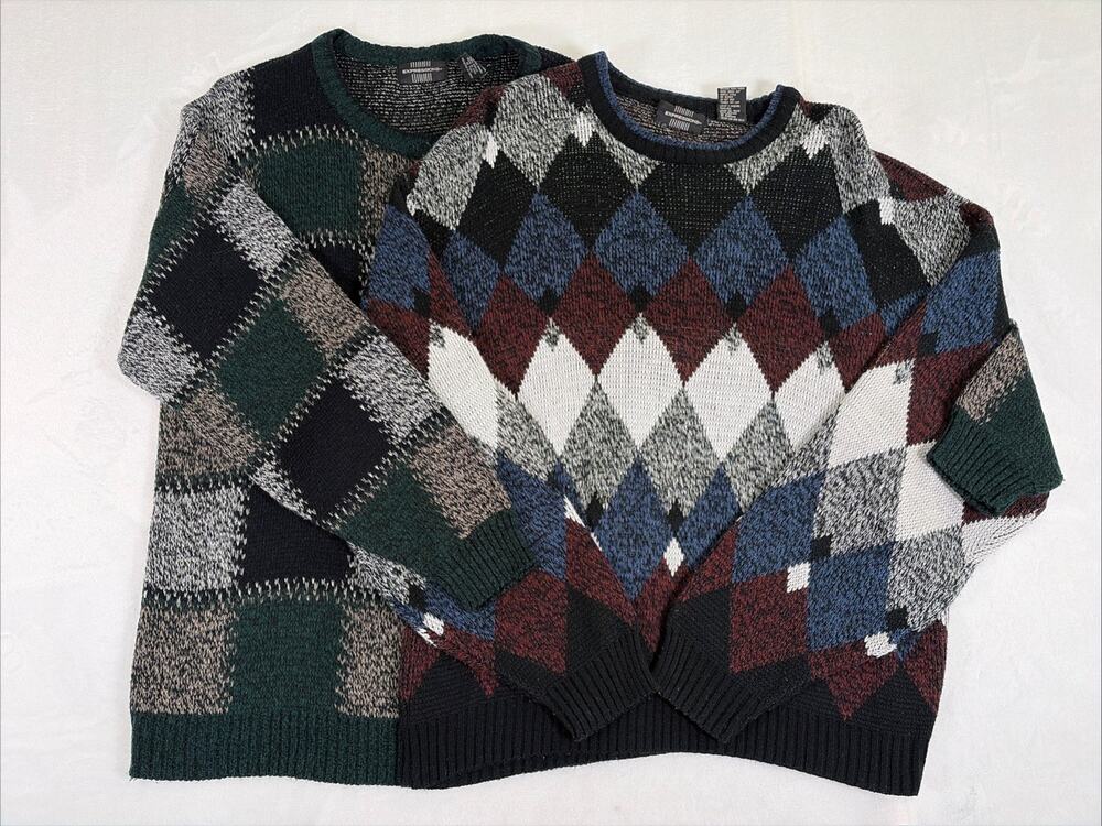 2) Vtg 90s Expressions Sweater Men's XL Knit Checked Fair Isle Cosby Grandpa